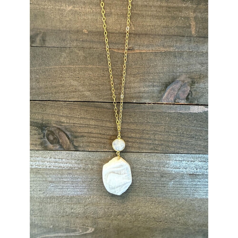 Long White Lace Agate and Moonstone Necklace Gold Plated 32" Chain
